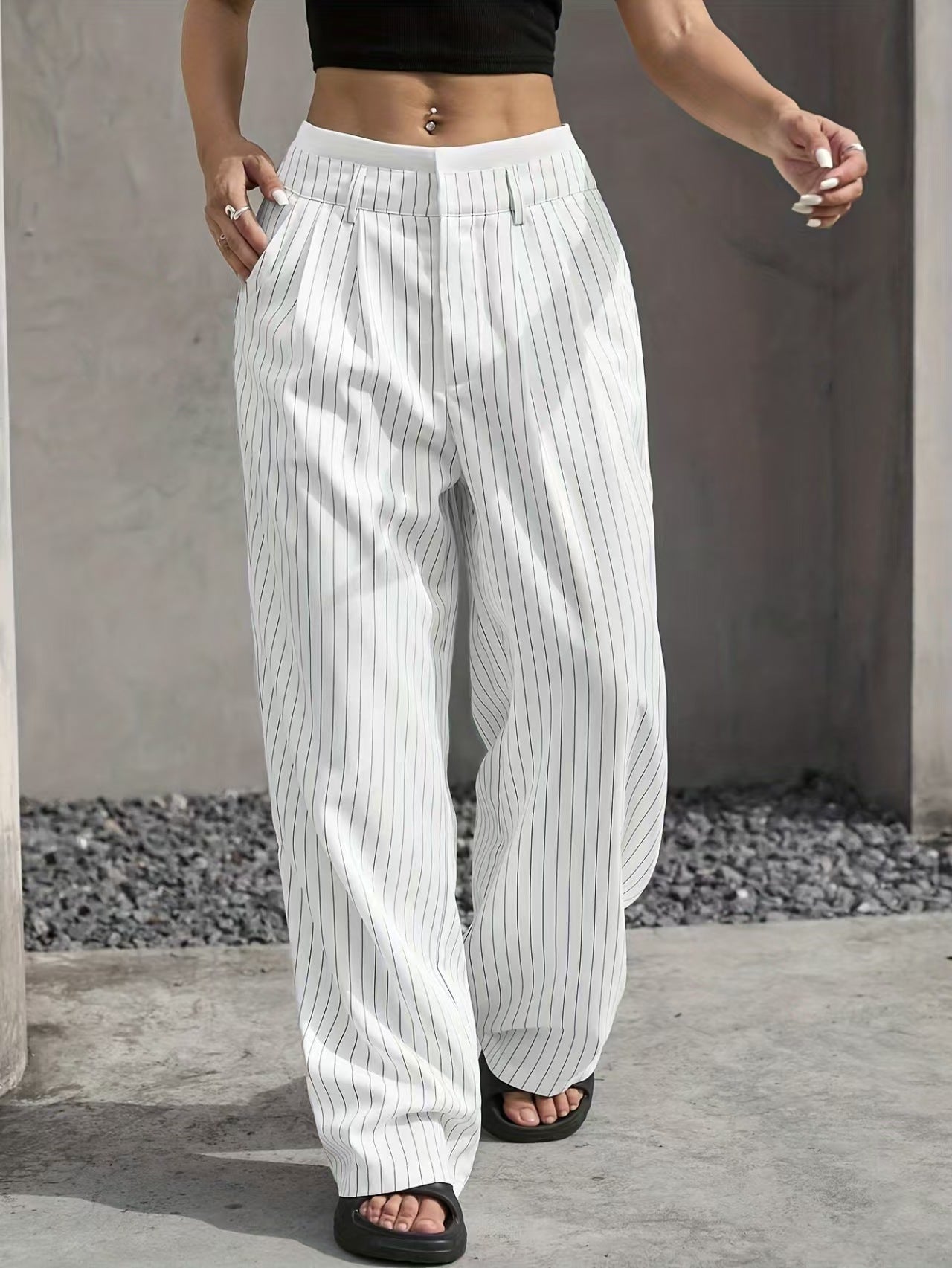 High waisted striped hanging feeling versatile for commuting E1292