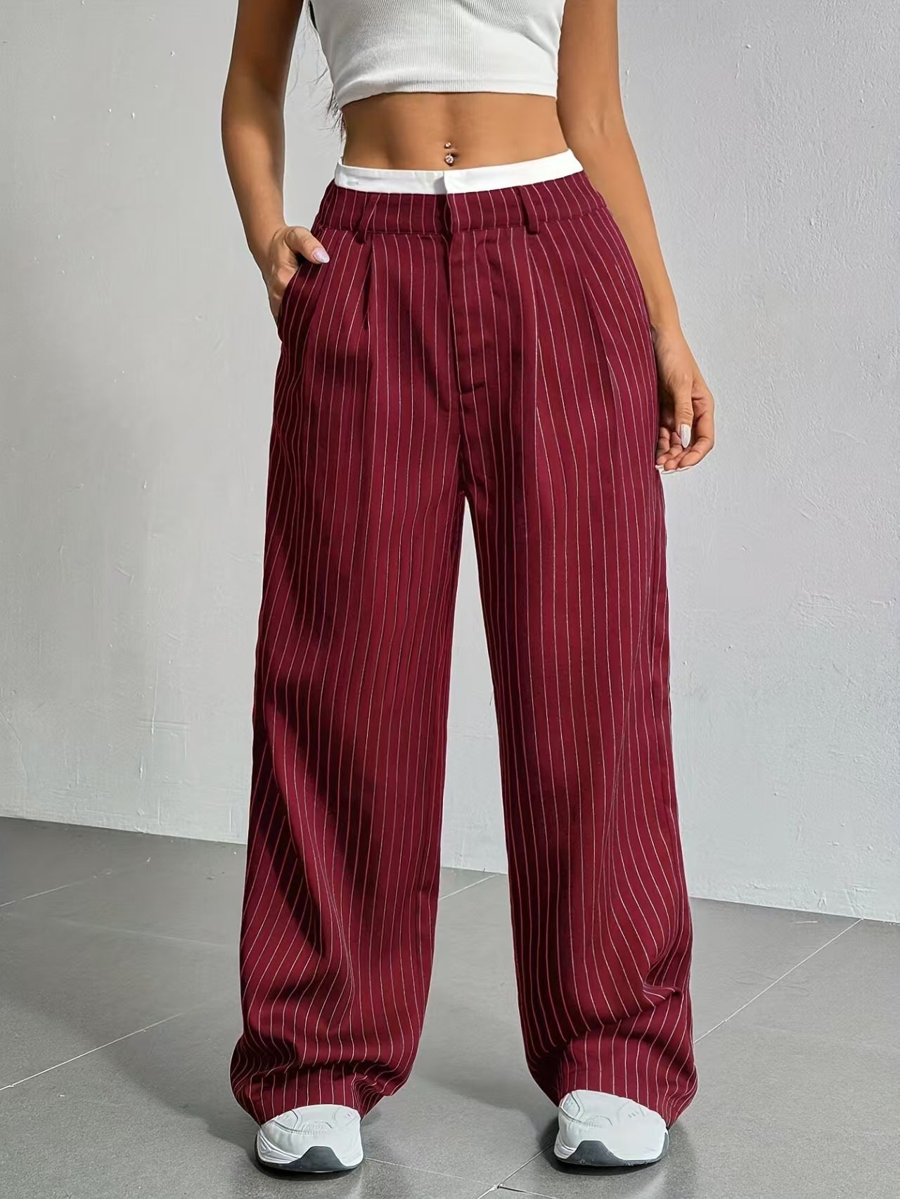 High waisted striped hanging feeling versatile for commuting E1292