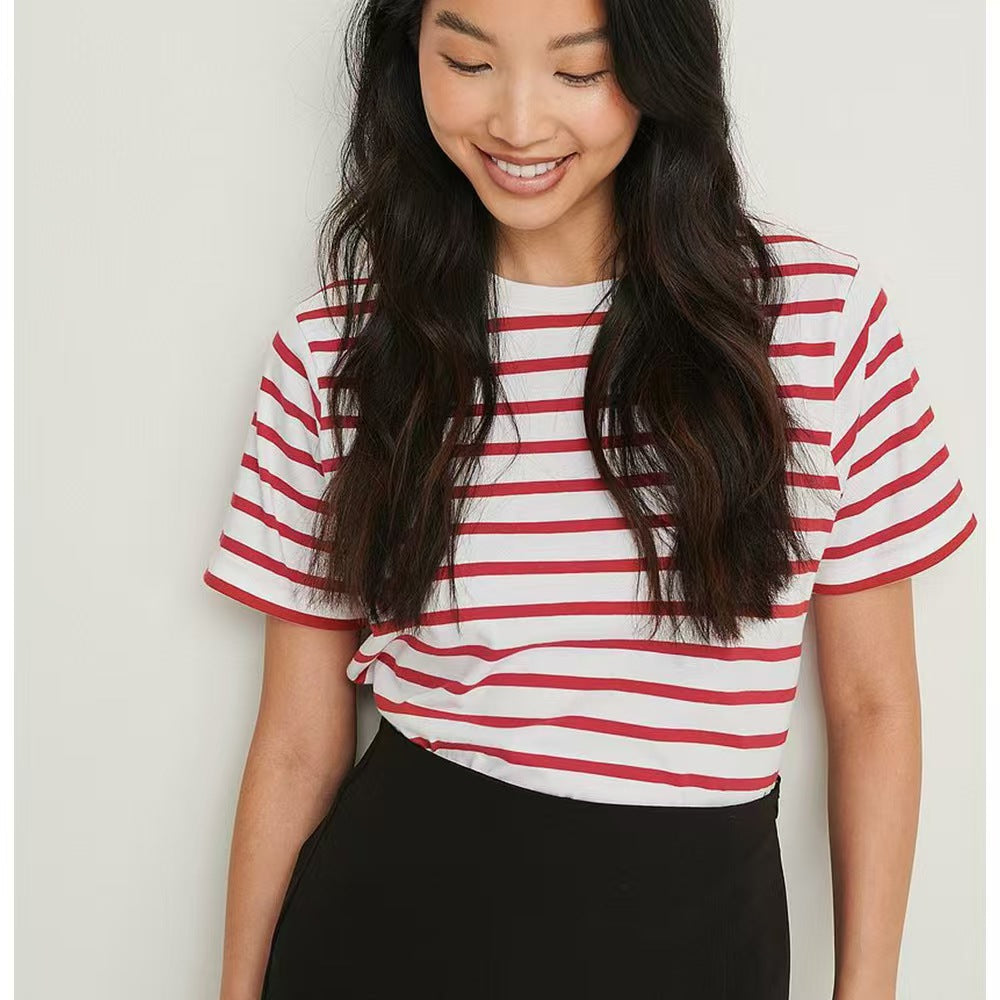Round neck striped short sleeved summer new fashion versatile casual E1085