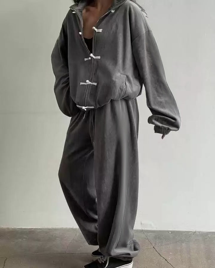 Striped buckle casual wide leg sports pants set  E1450