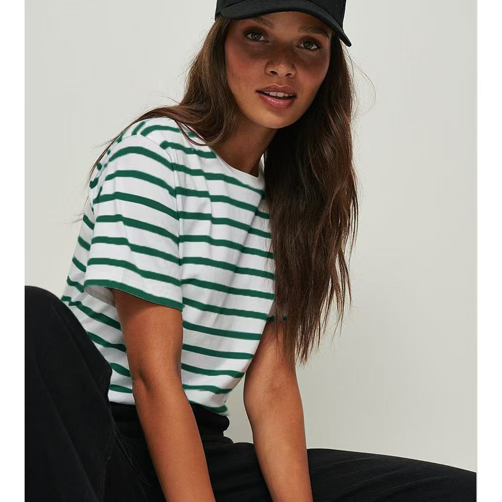 Round neck striped short sleeved summer new fashion versatile casual E1085