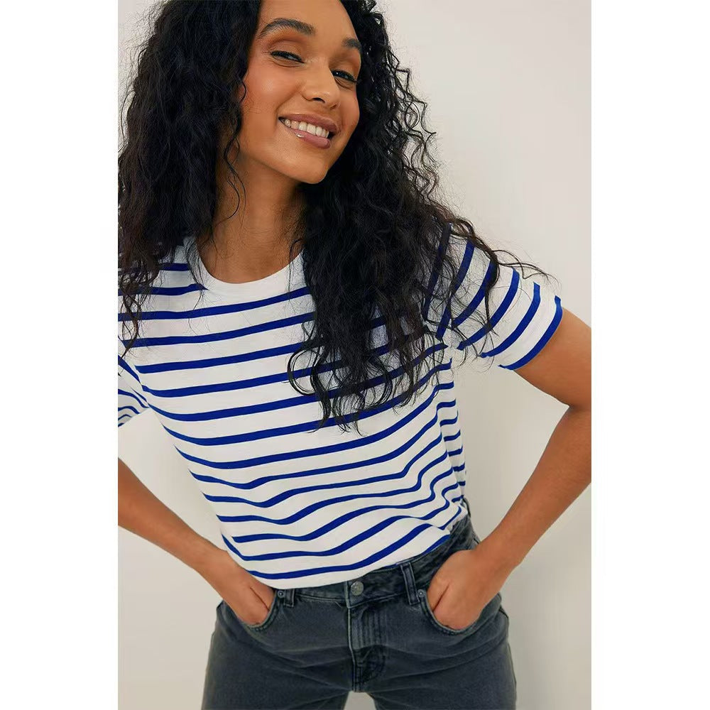 Round neck striped short sleeved summer new fashion versatile casual E1085