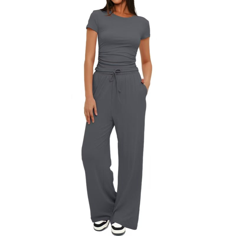 Solid color casual long sleeved suit top, high waist and wide leg pants   E1346