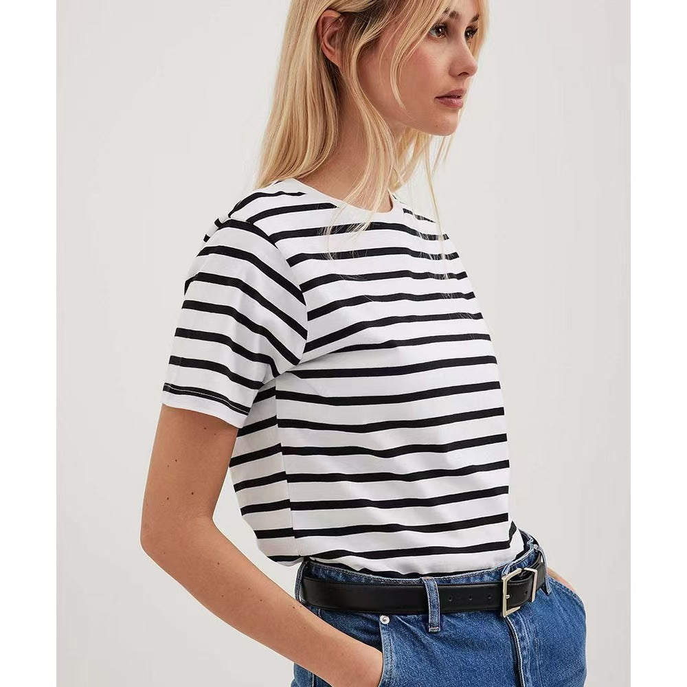 Round neck striped short sleeved summer new fashion versatile casual E1085