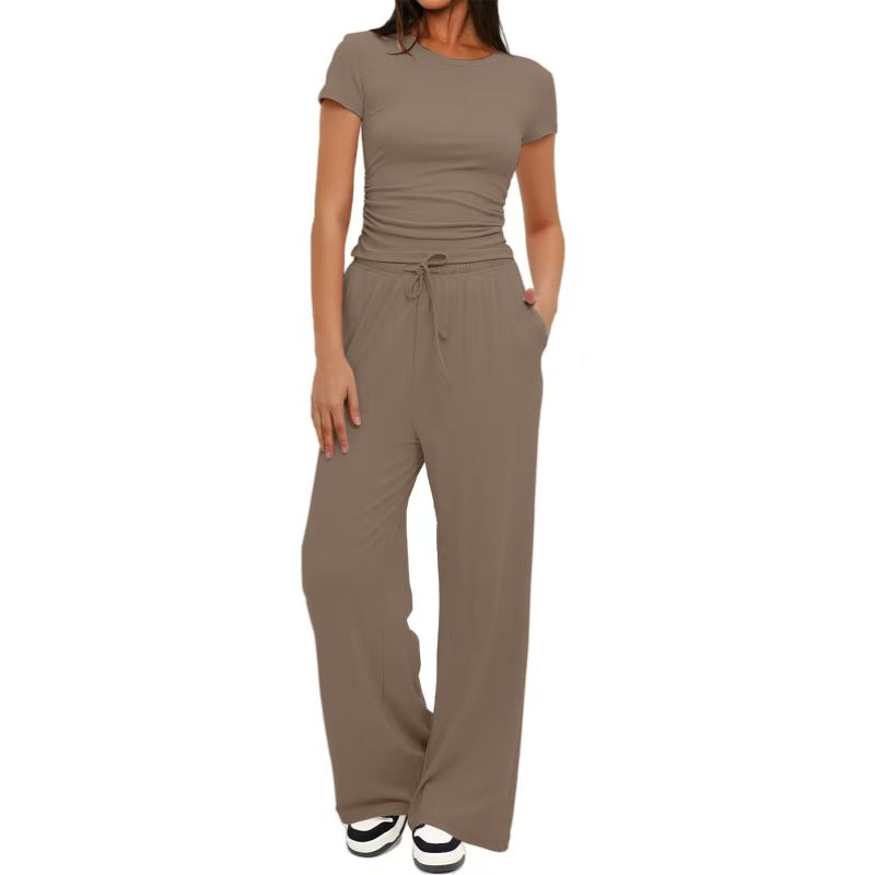 Solid color casual long sleeved suit top, high waist and wide leg pants   E1346