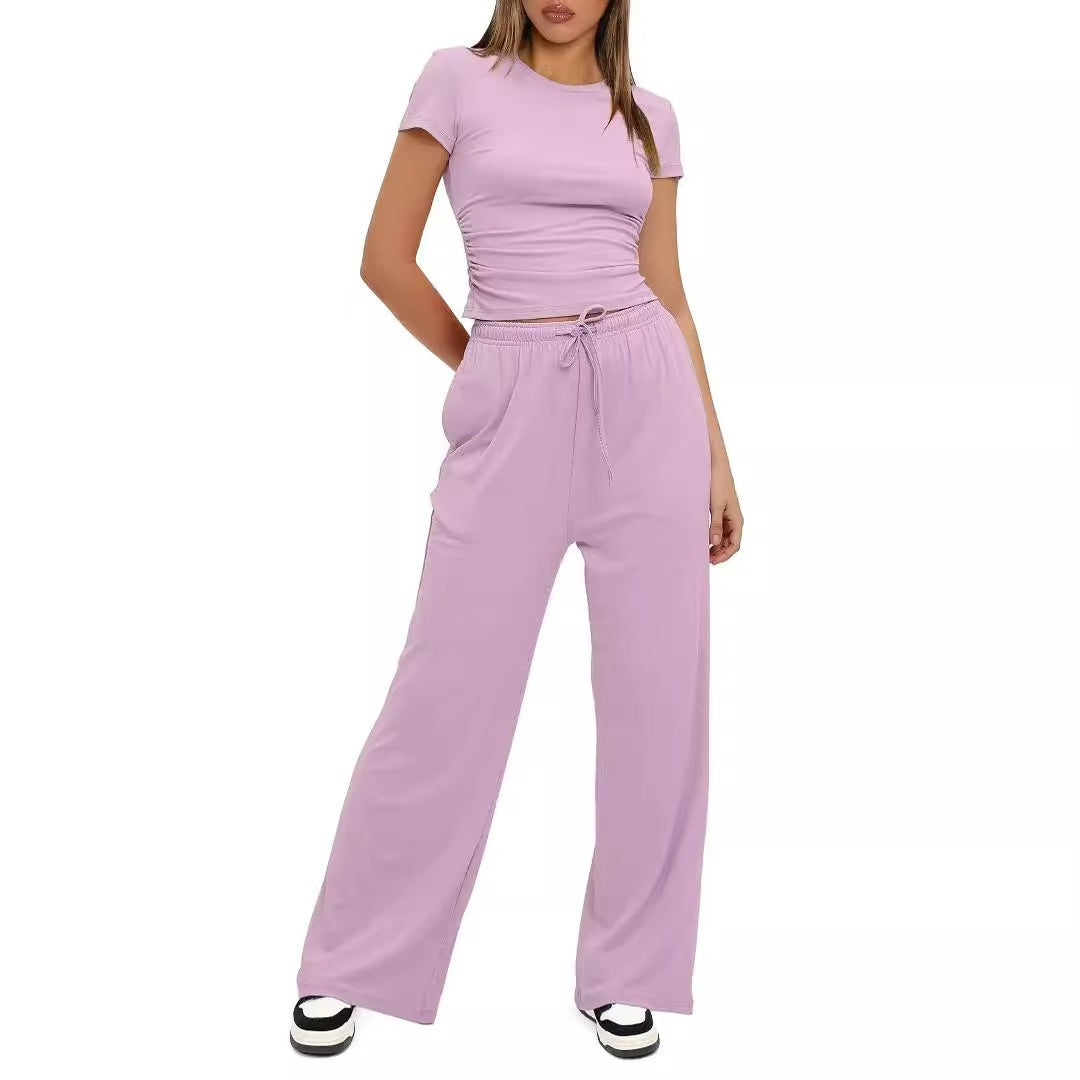 Solid color casual long sleeved suit top, high waist and wide leg pants   E1346