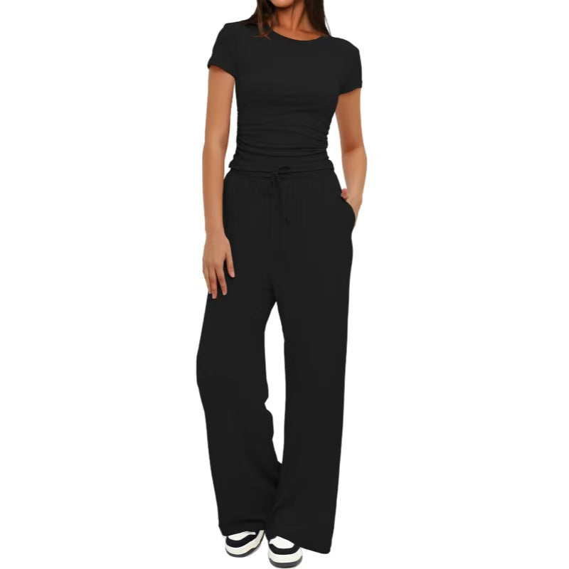 Solid color casual long sleeved suit top, high waist and wide leg pants   E1346