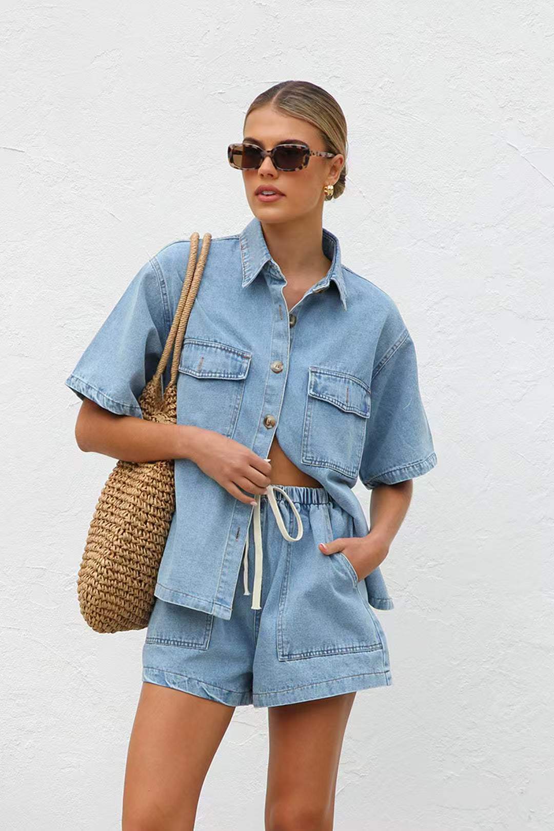 Casual loose pocket short sleeved shirt shorts set  E184