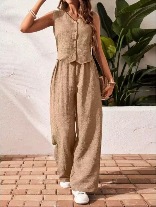 Unlimited button vest wide leg set casual solid color E1280