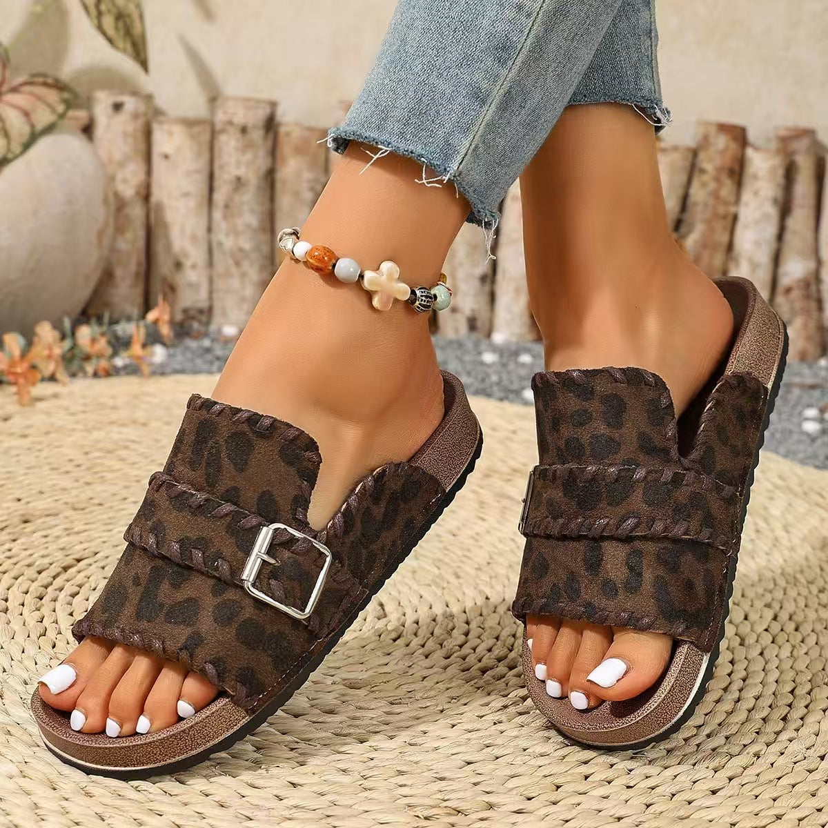 Thick soled leopard print dress with sponge cake shoes for beach sandals E1119